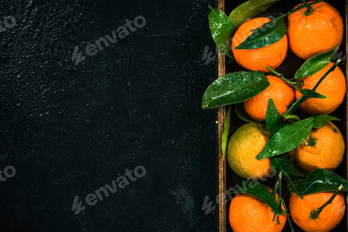 Preview: Tangerines or clementines in wooden crate, border background