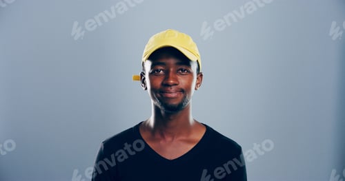 Preview: Casual, student or portrait of black man in studio for skill development, college education or lear