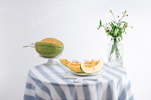 Preview: Still life photo of melon slices and flowers in a vase on a round table
