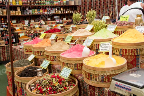 Preview: Tea at the eastern market. Dried herbs and spices in a street shop