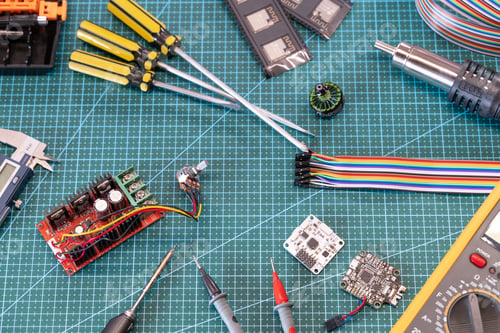 Preview: Top view of the workplace of an electrician or radioman in the workshop. No people