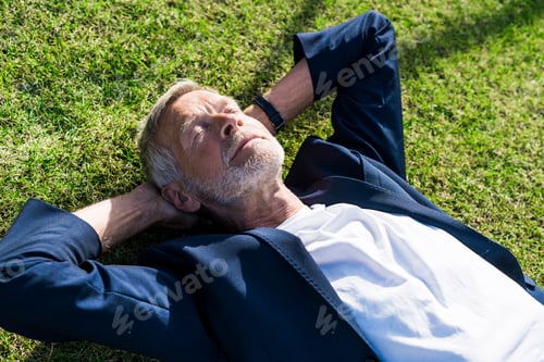 Preview: Senior businessman lying in grass with closed eyes