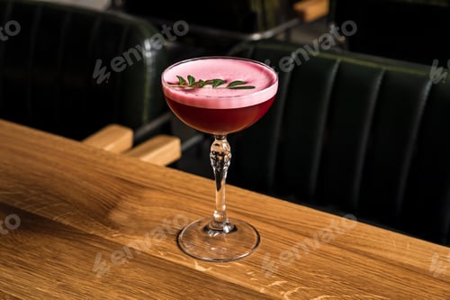 Vista previa: Un cóctel de frambuesa Clover Club con alcohol rosado y ácido, servido en una copa de cupé