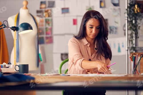 Preview: Female Fashion Designer In Studio Working On Sketches And Designs At Desk