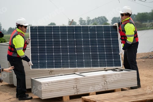 Preview: Renewable Energy Eco Technology Electric Power. Floating solar panels on lake.
