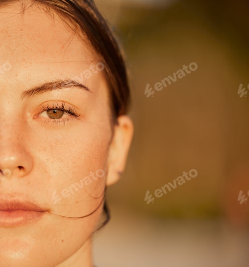 Preview: Beach, peace and half portrait of a woman in nature for freedom, calm and sunset in Bali. Relax, li