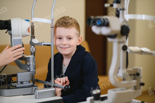 Preview: Boy undergoing vision diagnostics with ophthalmologist in clinic