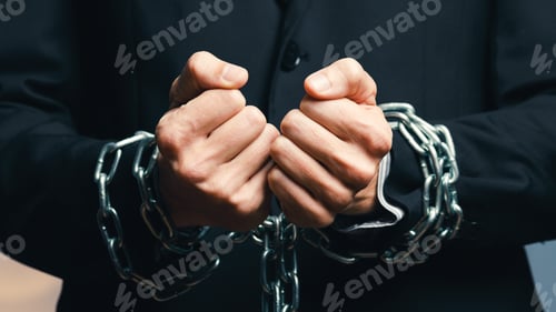 Preview: man dressed in jacket with chained hands