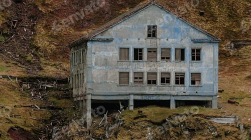 Preview: Abandoned blue building in Grumant Svalbard surrounded by rocky terrain and natural decay