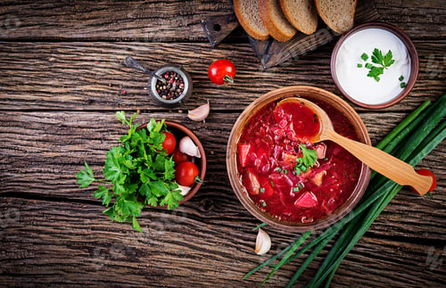 Preview: Traditional Ukrainian Russian borscht or red soup in the bowl. Top view