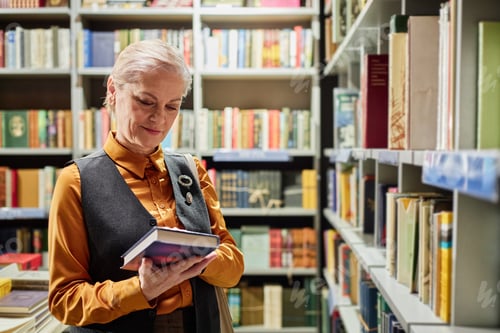 Preview: Senior Caucasian Woman Smiling While Reading Book in Library Aisle