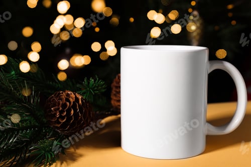 Preview: White ceramic mug close-up on a festive Christmas background with golden lights and fir branches.