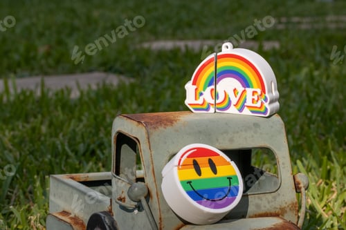 Preview: Pride celebration decor with rainbow-colored items in nature