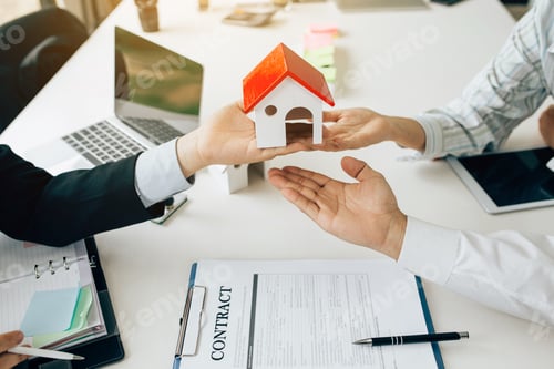 Preview: Real estate broker and customer signing a contract. Trading house for rent and insurance