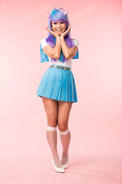 Preview: Full length view of otaku girl in purple wig smiling on pink