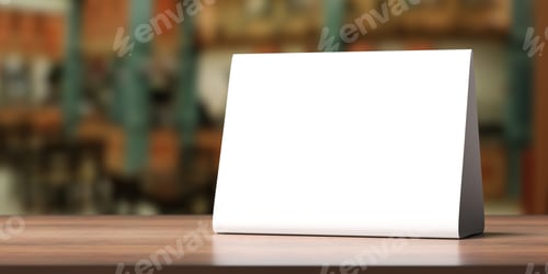 Preview: Table tent, reserved card sign empty blank on a wooden table, 3d illustration