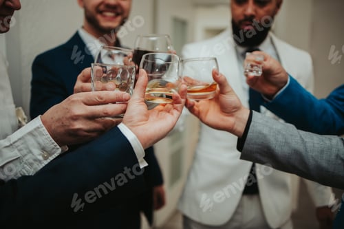 Preview: Selective focus shot of young friends clinking glasses with whiskey during a wedding party