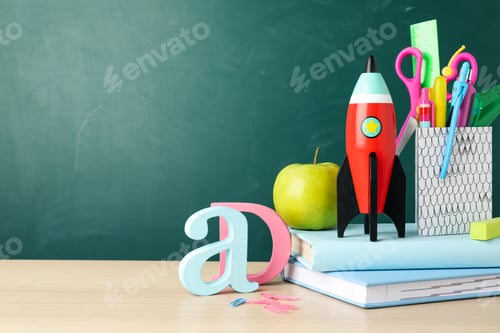 Preview: Bright toy rocket and school supplies on wooden desk. Space for text