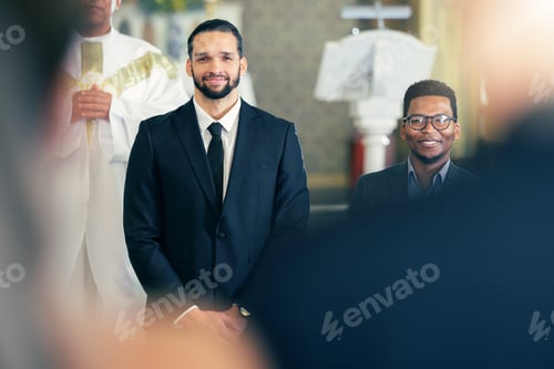 Preview: Wedding, marriage and groom waiting at the altar for bride walking down aisle in church. Getting ma