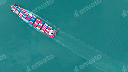 Preview: top view cargo ship carrying container and running for export goods from cargo yard port to custom