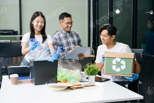 Preview: Eco-friendly teamwork with this office recycling scene. Perfect for showcasing sustainability,