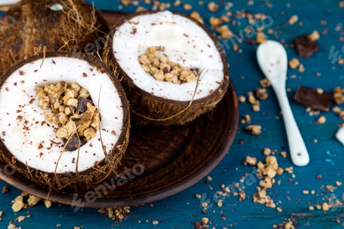 Preview: Healthy breakfast in coconut bowl.