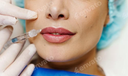 Preview: Detailed clinical shot of lip filler application for rejuvenation.