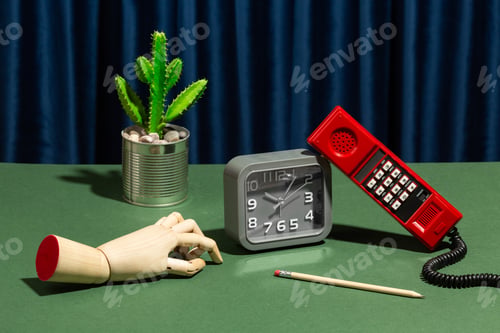 Preview: Scattered vintage items on a retro desktop. Concept photo.