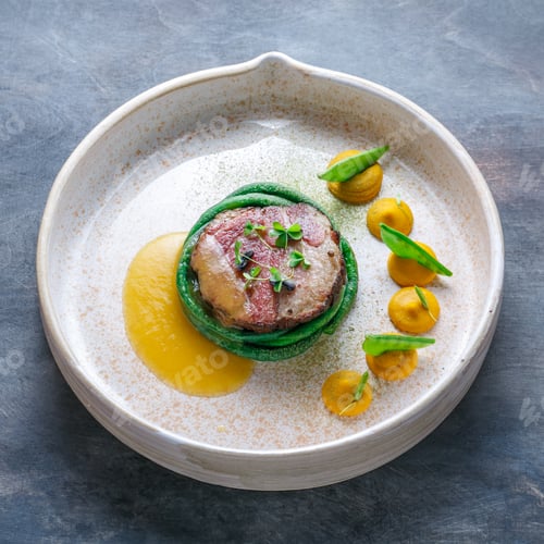 Preview: Haute cuisine, Pork sous vide steak, Fine dining.