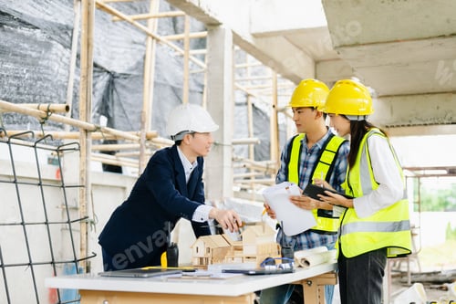 Preview: Engineer desk with object paper and tablet with blurry engineer teamwork hardworking