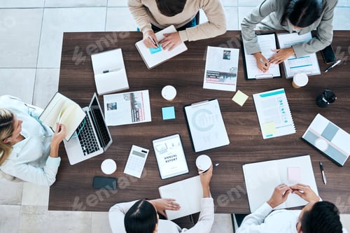 Preview: Business people, meeting and planning above with marketing strategy, project report and sticky note