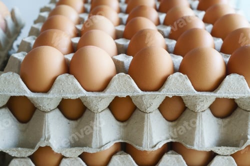 Preview: Fresh chicken eggs large in an egg stall ackground