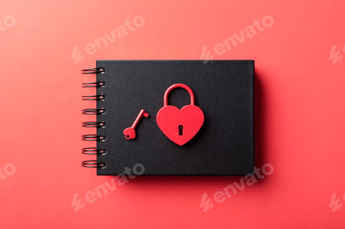 Preview: Red heart-shaped padlock with a key on a black notebook against a red background. Top view, flat lay