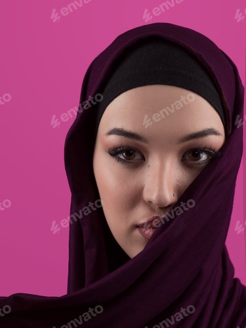 Preview: Modern Muslim woman wearing stylish hijab casual wear isolated on pink background. Diverse people