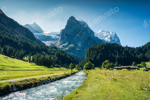 Preview: View of Rosenlaui with wellhorn and Reichenbach river in summer at Bern, Switzerland