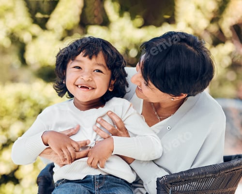 Preview: Boy, hug and mature woman in park for bonding, support and summer break in Mexico nature. Kid, happ
