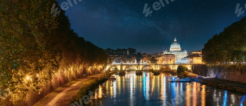 Preview: Rome, Italy. Papal Basilica Of St. Peter In The Vatican And Aelian Bridge In Evening Night