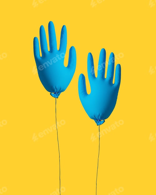 Preview: Blue Gloves Like Balloons Floating on Yellow