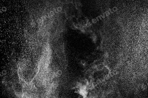 Preview: Curly white steam rising up and splashing water scattering in different directions isolated on a