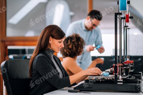 Preview: Portrait of a beautiful woman using 3D printer, portrait.
