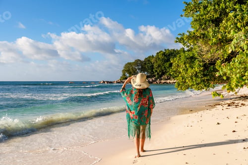 Preview: Rear view of woman wearing beach clothes, walking on idyllic tropical sandy beach