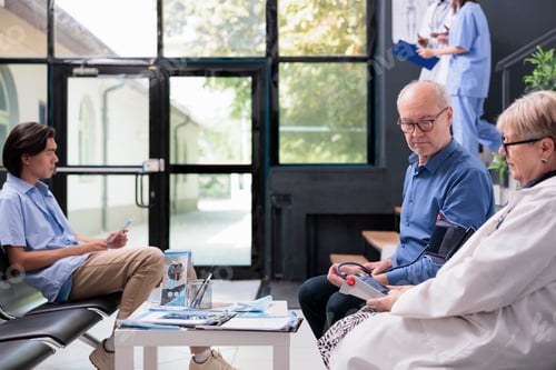 Preview: Elderly physician medic using tonometer instrument to measure patient pulse pressure and