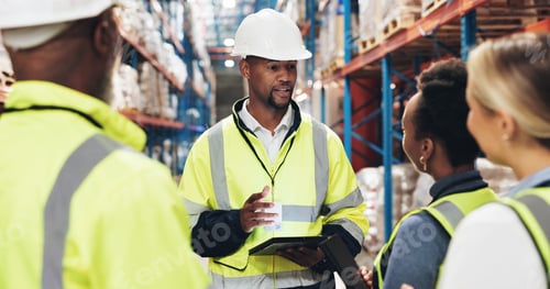 Preview: Logistics, planning and people with tablet in warehouse for supply chain, stock inspection and upda