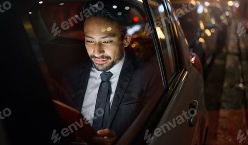 Preview: Travel, tablet and business man in car on social media, internet browsing or working. Transport, ni