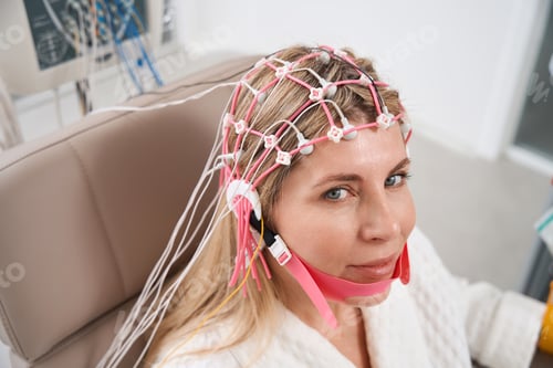 Preview: Beautiful woman in a cap with electrodes on electroencephalogram procedure