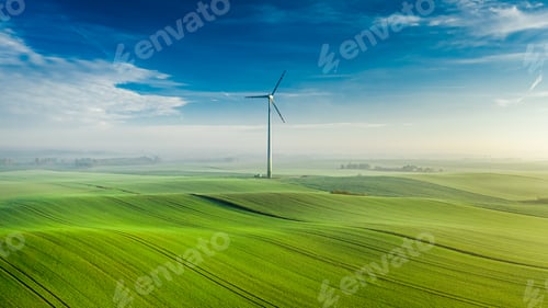 Preview: Wind turbine on green field at sunrise, view from above