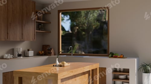 Preview: Cozy minimalist bright and clean kitchen interior design with white kitchen counter, sink, window