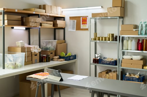 Preview: Empty Food Bank Storage Room Displaying Shelves Stocked with Supplies