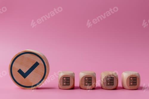 Preview: Wooden blocks with check mark symbol Checklist business target marketing quality management