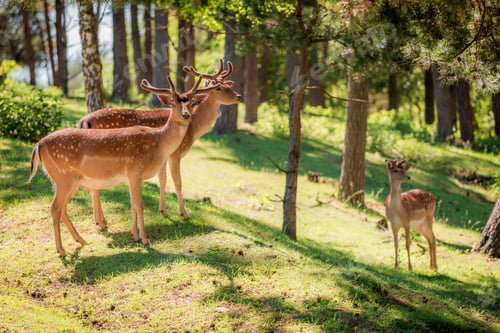 Preview: Young deers in forest at sunny day in summer, Poland